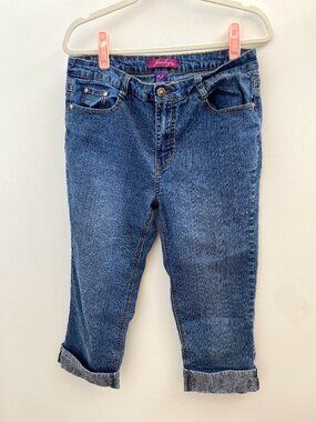 Jeanbay Medium Wash Floral Embroidered Cuff Capri Jeans Size 12